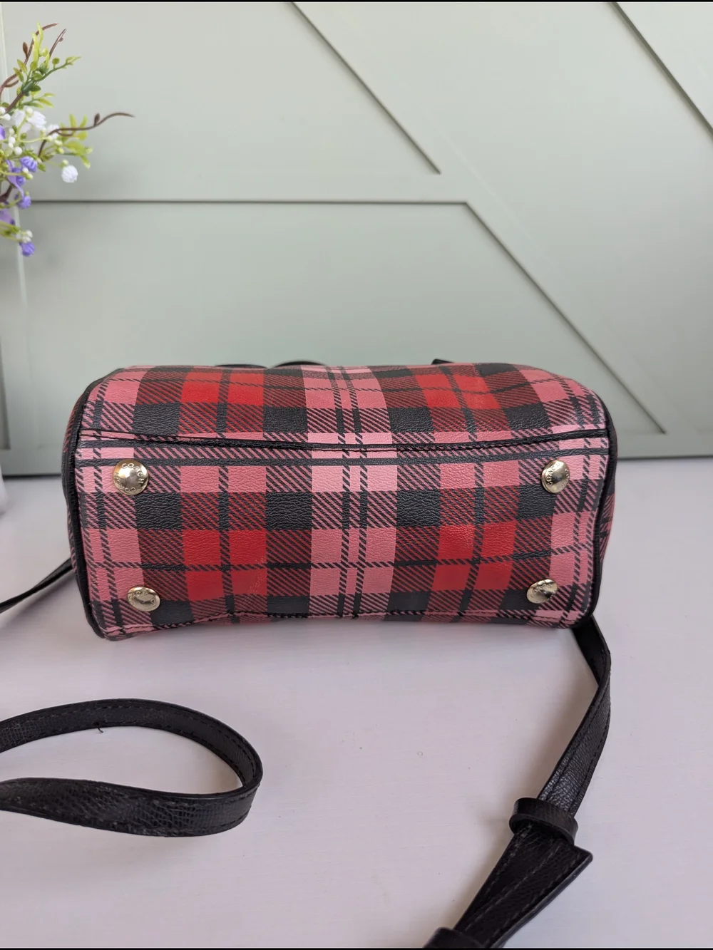 Coach Mini Bennett Satchel featuring a red, pink, andblack Riley Plaid print